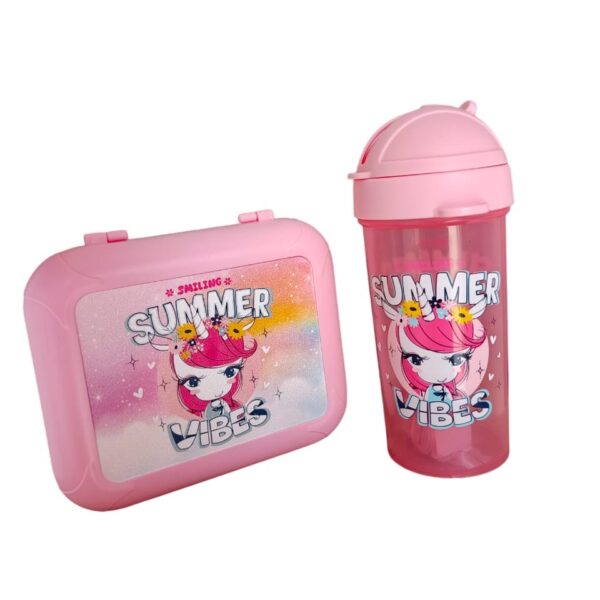 Renga Ensemble boite a goûter + bouteille d'eau en plastique alimentaire rose fushia