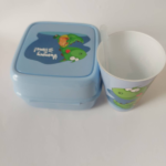 Pack goûter dinosaure :  boite bleu + tasse avec paille