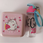 Pack goûter fillette:  boite rose bébé imprimée chat + bouteille avec paille rose