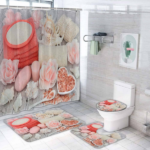 Set 4 pièces tapis de salle de bain + rideau de douche motif savon rose