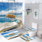 Set 4 pièces tapis de salle de bain + rideau de douche motif étoile de mer bleu ciel