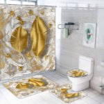 Set 4 pièces tapis de salle de bain + rideau de douche motif feuilles de palme doré