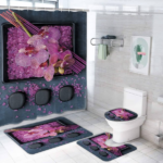 Set 4 pièces tapis de salle de bain + rideau de douche motif floral gris rose