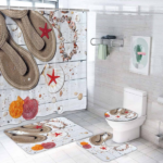 Set 4 pièces tapis de salle de bain + rideau de douche motif mules