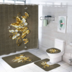 Set 4 pièces tapis de salle de bain + rideau de douche motif papillon doré