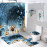 Set 4 pièces tapis de salle de bain + rideau de douche design plage bleu foncé
