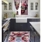 Set 3 pièces tapis de cuisine + rideau de fenêtre design design fleuri