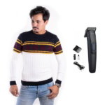 Pull col rond couleur Blanc Jaune Motif Nordique + Tondeuse HTC