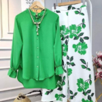 Ensemble chic pour femmes chemise unie pantalon large fleuri Vert