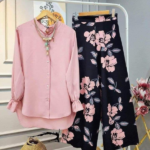 Ensemble chic pour femmes chemise unie pantalon large fleuri Rose