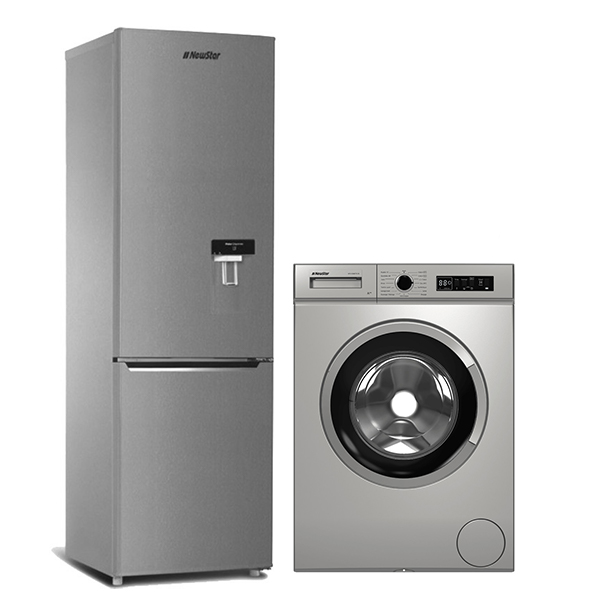 Pack de mariage Newstar inox : Réfrigérateur combiné avec Fontaine + Machine à laver 5 kg