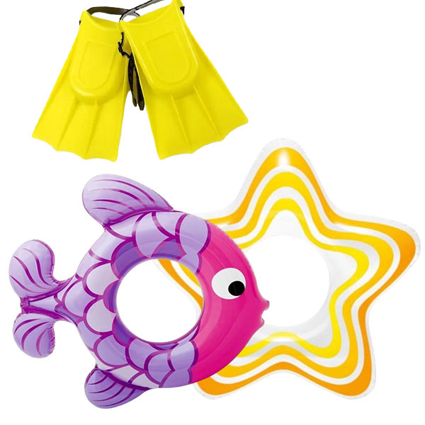 Pack plage gonflable smile : 1 Ballons smiley + bouée Intex Etoile + Bouée poisson