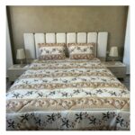 Couette Imprimé motif fleur bande beige - face Uni 2 places