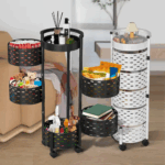 Trolley de cuisine roulant noir – Étagère pivotante ronde avec roulettes 360° – Image 3