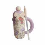 Tasse isotherme floral avec paille et couvercle