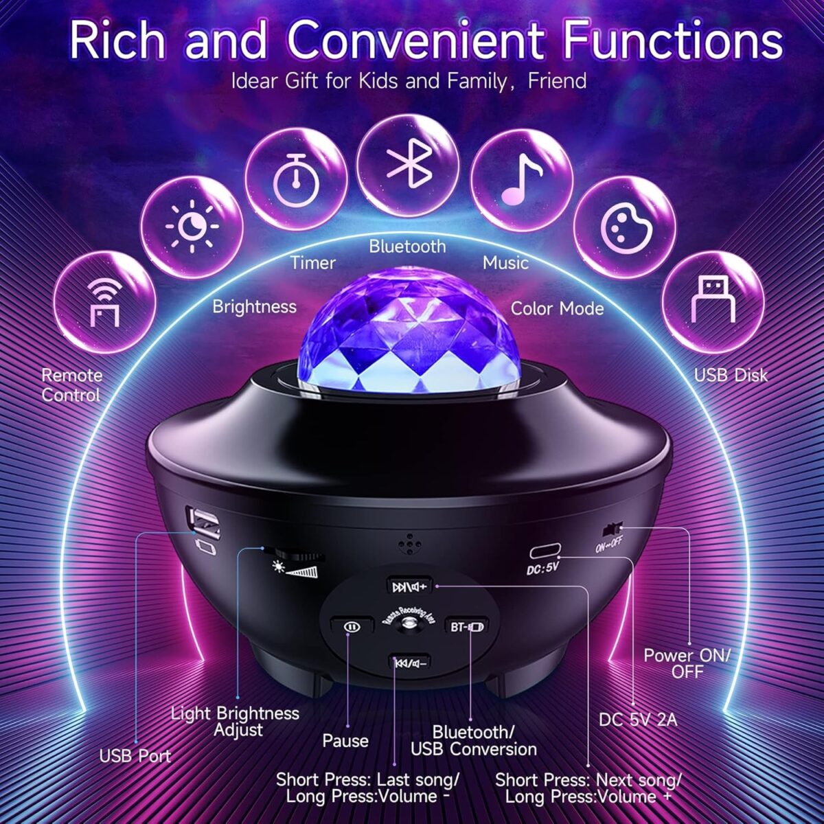 Projecteur ciel étoile avec haut-parleur -Bluetooth et minuterie – Image 3