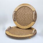 Lot de 2 Plateaux de Service Ronds en Bambou et Rotin Tressé