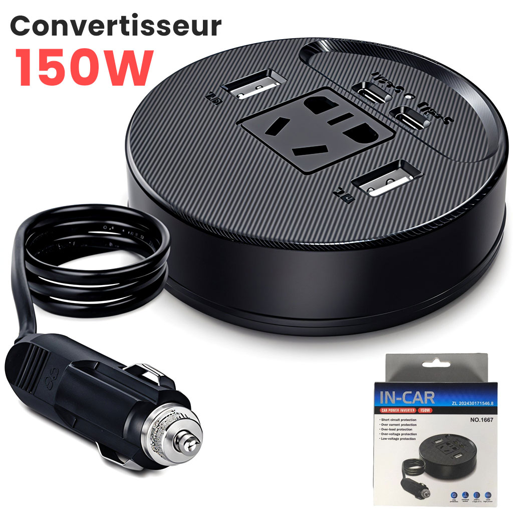 convertisseur-de-voiture150w-12v-220v Convertisseur de Courant pour Voiture150W (12V vers 220V) – Image 1